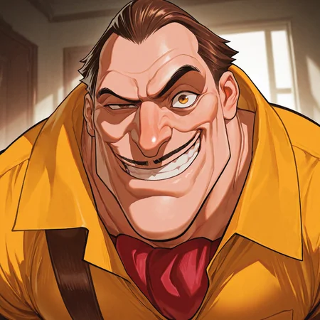 masterpiece, best quality, absurdres, newest, perfect quality, best quality, absolutely eye-catching, detailed background, intricate details, 1boy, smirk, male, male focus, solo, mature, brown hair, short hair, slicked back, moustache, small moustache, (((yellow shirt))), red tie, collared shirt, pocket, belt, yellow pants, bara, muscular, large pectorals, large biceps, face close-up, portrait, looking at viewer, very awa, best quality, absurdres, newest, perfect quality, detailed background, intricate details, (artist:rokudenashi:0.8), (artist:dizdoodz:0.7), (artist:gomtang:0.6)