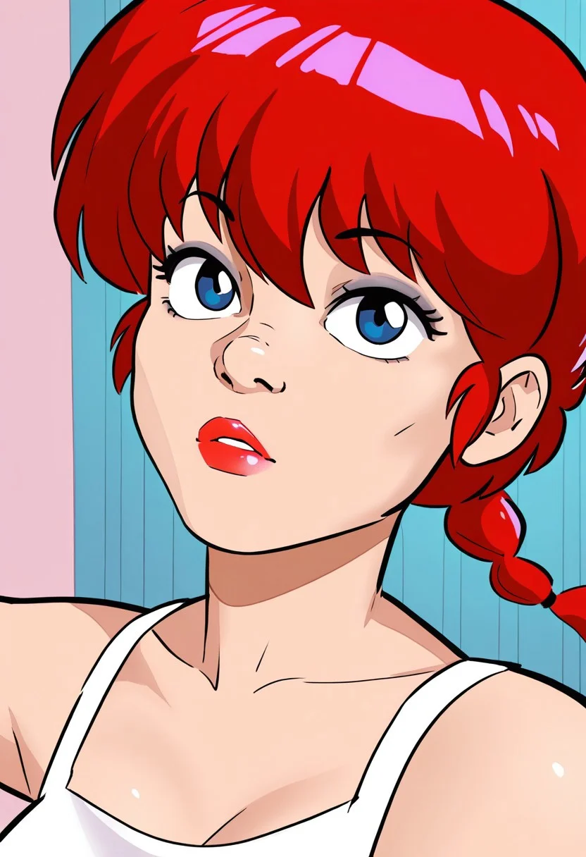hyper detailed, masterpiece, best quality, emma wat, amazing detail, solo, 1boy, ranma, red hair, lipstick, , short hair, low ponytail, bangs, posing in nice place ,safeingg,ranma-chan