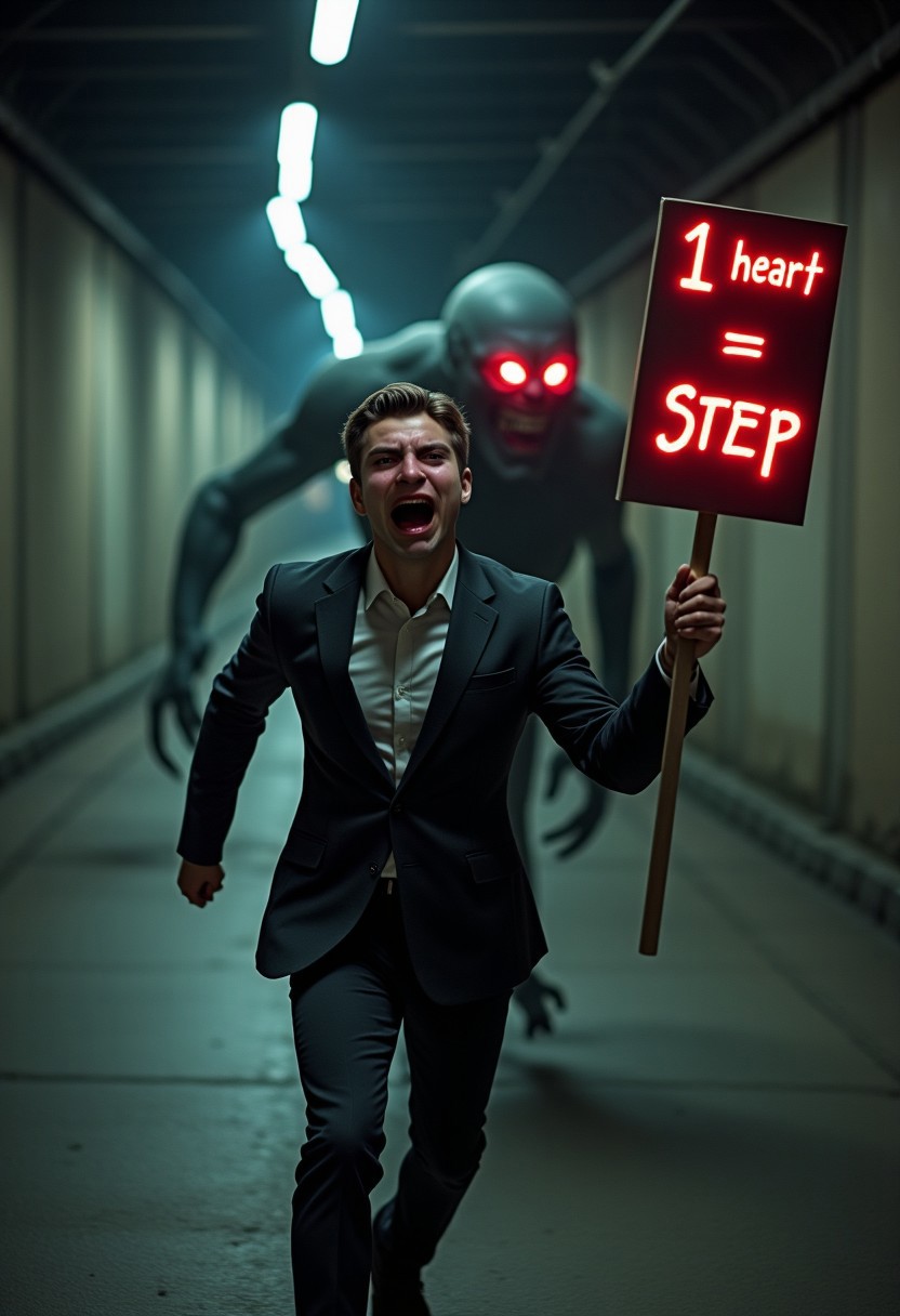 A young man, dressed in elegant suit clothing, running frantically through a dark,youn man scream and cry, desolate street tunnel. The tunnel is dimly lit with flickering lights, casting eerie shadows on the walls. Behind him, a large, terrifying female sexy monster with glowing red eyes and sharp claws is chasing him. The young man is holding a sign in one hand that reads '1 heart = 1 Step' in bold, glowing letters. The scene is intense and full of motion, with the man's expression showing fear and desperation