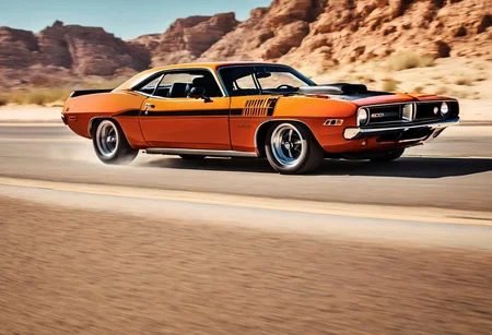 Creates an ultra-realistic, highly detailed image of a 1970 Plymouth AAR 'cuda car. (Interstate 76 Picard Piranha) orange with black stripes on the hood. The car has large caliber machine guns on the roof. Image captured on a desert road, natural light. Image layered in motion with motion blur.
