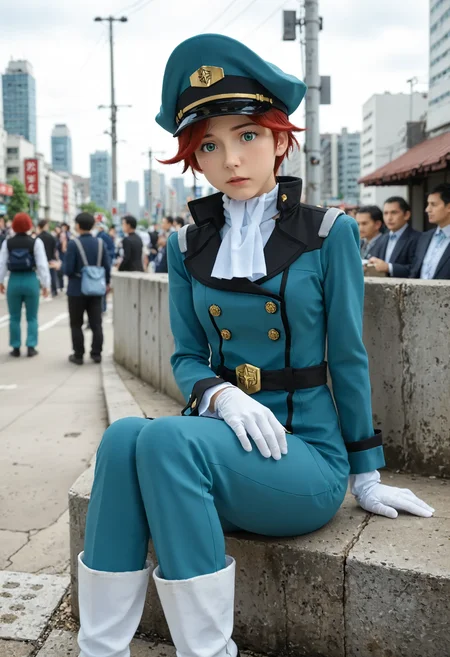 <lora:Hyper-SDXL-8steps-lora:1> <lora:Fixhands_anime_bdsqlsz_V1:1> zPDXL2, score_9, score_8_up, score_7_up, source_anime, intricate details, perfect anatomy BREAK
outdoors, city, tokyo, japan, audience, crowd, having coffee, sitting, looking at viewer, Confused, Wide-open eyes, a slightly furrowed brow, and a slightly open mouth., 1girl, solo, solo focus, 
<lora:GAGE-natora_einus_XL(pony)v10:1> GAGE-natora, red hair, short hair, green eyes, green dress, white ascot, white gloves, belt, green pencil skirt, green pants, white boots, green peaked cap, long sleeves, long pants,