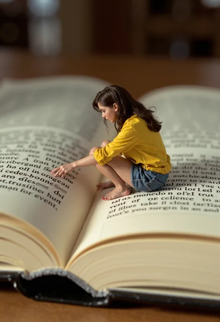 a miniature 1 inch tall young woman dressed in a yellow blouse, sitting on an open book on a desk, she is pointing to the oversized text in the book as she reads it