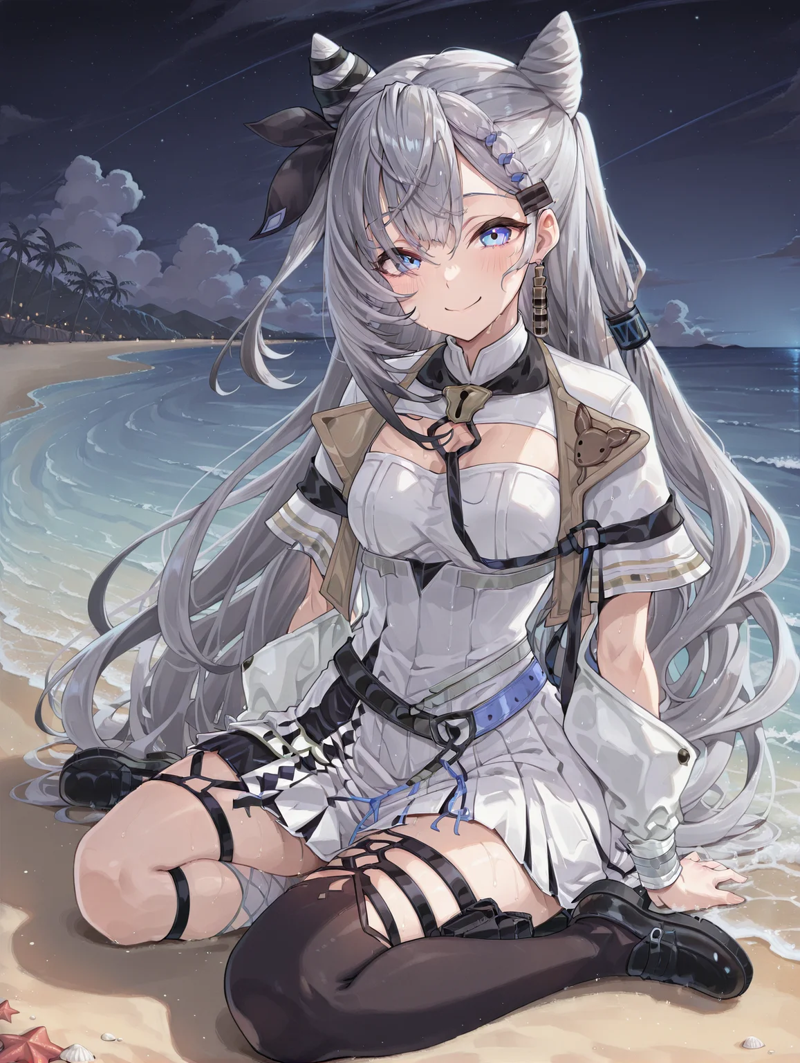 masterpiece,best quality,amazing quality, 1girl, vestia zeta, virtual youtuber, cone hair bun, long hair, hair bun, grey hair, dress, bangs, white dress, blue eyes, jewelry, jacket, double bun, white jacket, thighhighs, black footwear, smile, stars, night, beach, shore, sea, sitting <lora:Vestia_Zeta:1>