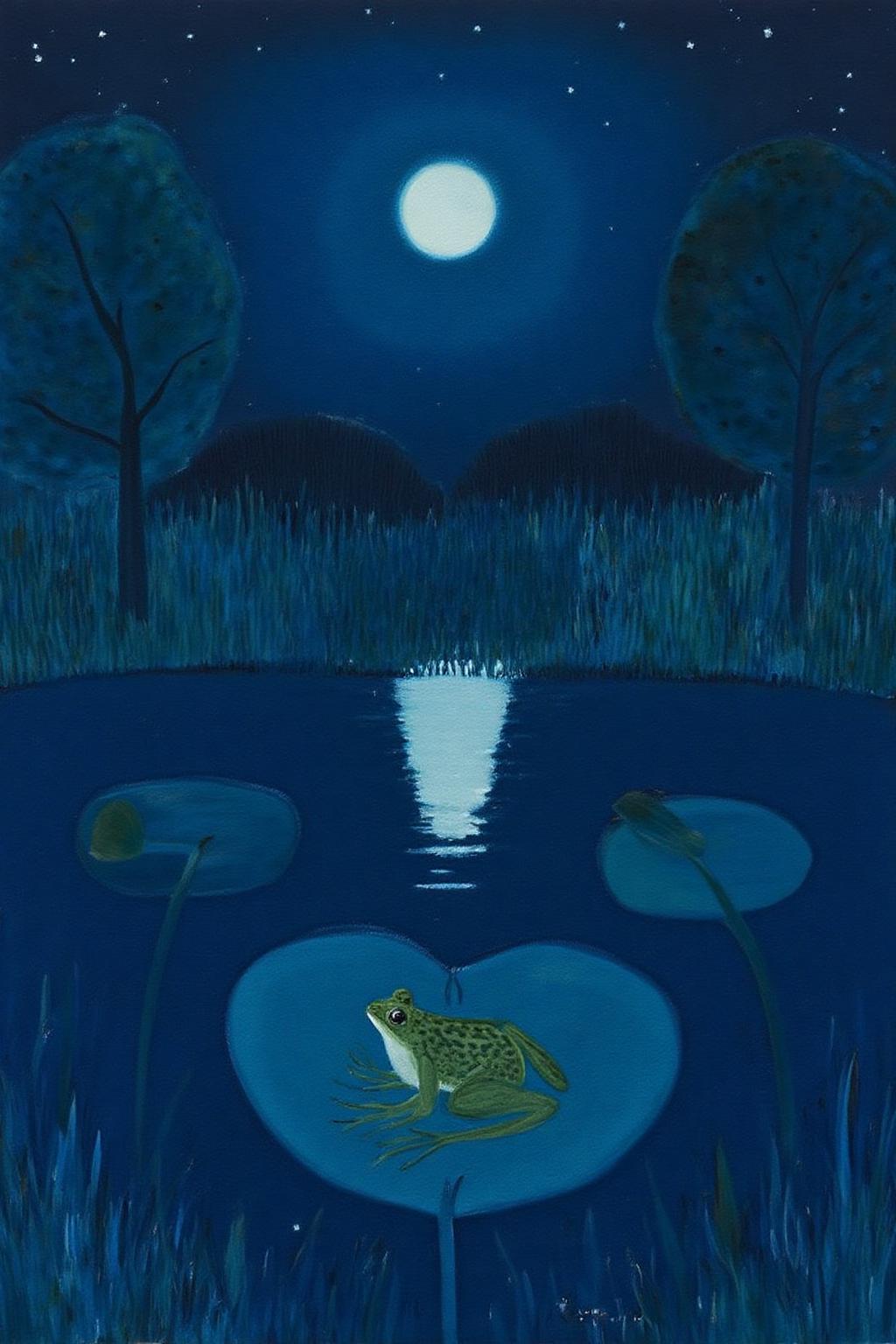 mawo1 painting. 
A painting depicting a serene, dreamy night scene in a stylized, abstract manner. 
A frog is resting on a lotus leaf in a serene pond.  There is a full moon ahead. <lora:mawo1_cap_d6a3e12:1.0><lora:821407010969947415:0>