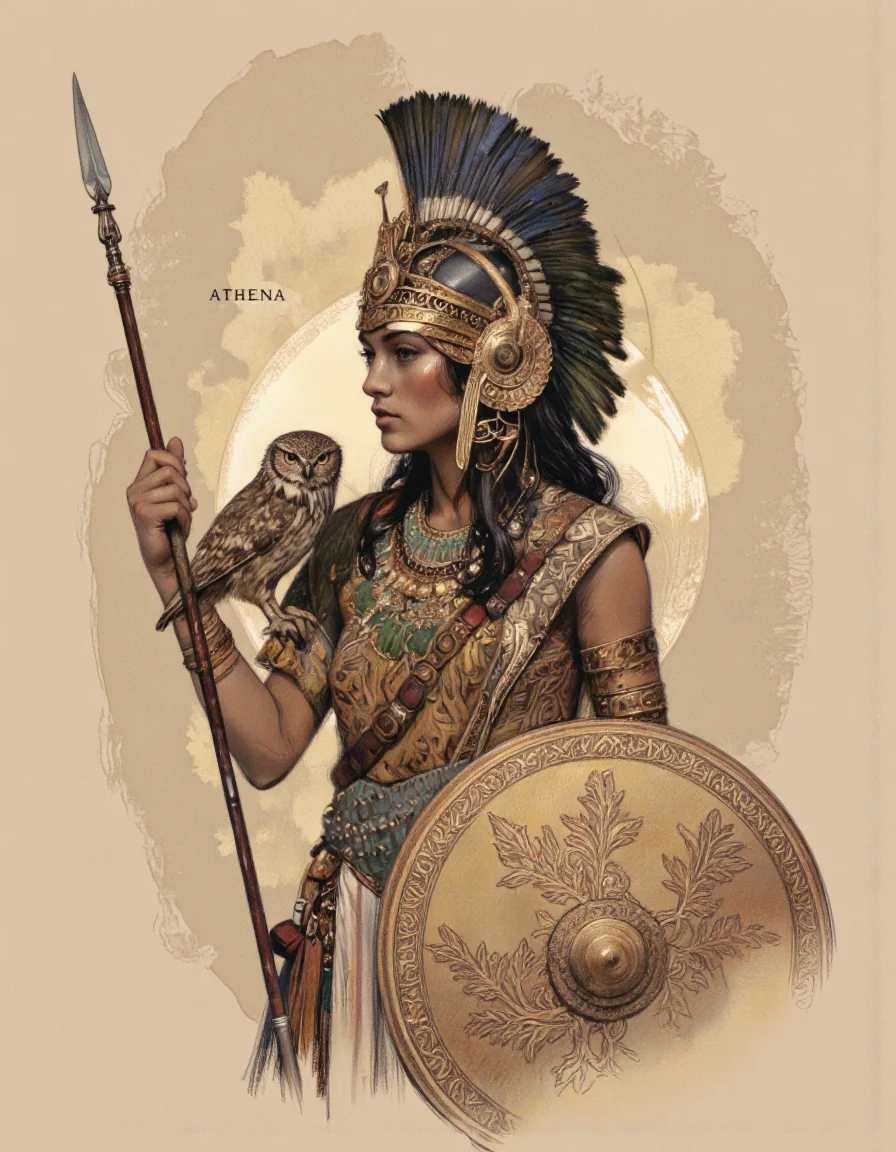 Art by Thomas Haller Buchanan. A detailed and realistic digital illustration from a profile camera angle about a female warrior with an owl perched on her arm. the image also shows the artist's signature "athena" in the top left corner. on the middle of the image, a 1woman, who appears to be in her late 20s, with dark skin, is standing with her upper body facing the viewer. she has a serious expression on her face and is wearing a feathered headdress with a leafy decoration, a sleeveless dress with intricate patterns, and a necklace. she is holding a spear in one hand and a large, ornate shield in the other. her body is slim and she has dark hair styled in long hair. the background is a plain beige color with a soft, textured effect.