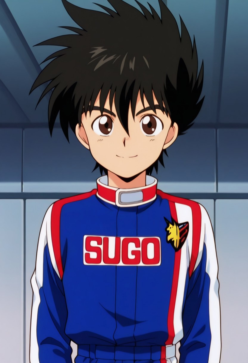 masterpiece,best quality,amazing quality, source_anime,
hayatokazami, 1boy, male focus, solo, brown eyes, black hair, racing suit, jumpsuit, blue jumpsuit, multicolored jumpsuit, smile, portrait,