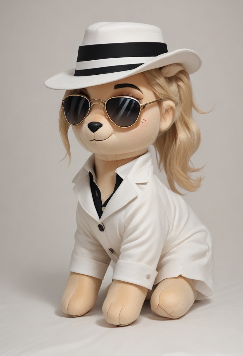 score_9, score_8_up, score_7_up, score_6_up, golden hour, plushystyle, fluffy, round, 1girl, solo, partierbetherz as a toy plushy,
partierbetherz, white fedora, blonde_hair, blonde ponytail, black_and_silver_aviators, sunglasses, white_blazer, black collared shirt, button up blouse, open collar, open_shirt, white_pants, smiling,
in bedroom