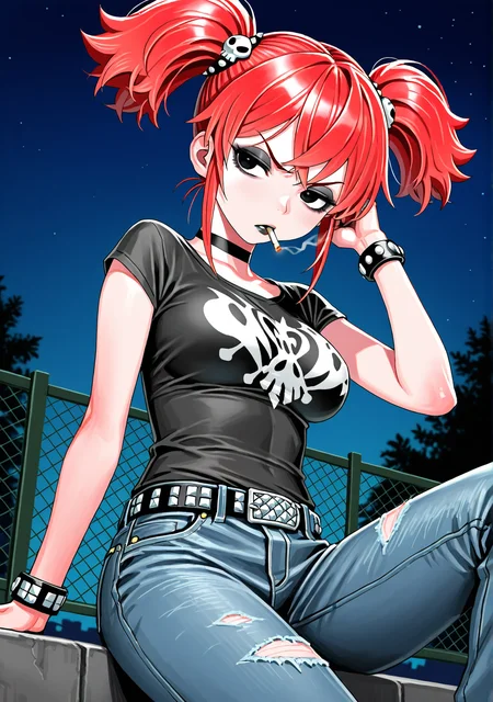 masterpiece,best quality,amazing quality, GOHERIS, 1girl, red hair, short twintails, hair ornament, black eyes, black lips, choker, aged up, upper body, scowl, denim pants, white studded belt, print shirt, medium breasts, hand up, black eyeshadow, cigarette, sitting, fence, night sky, studded bracelets, leather bracelets, from below