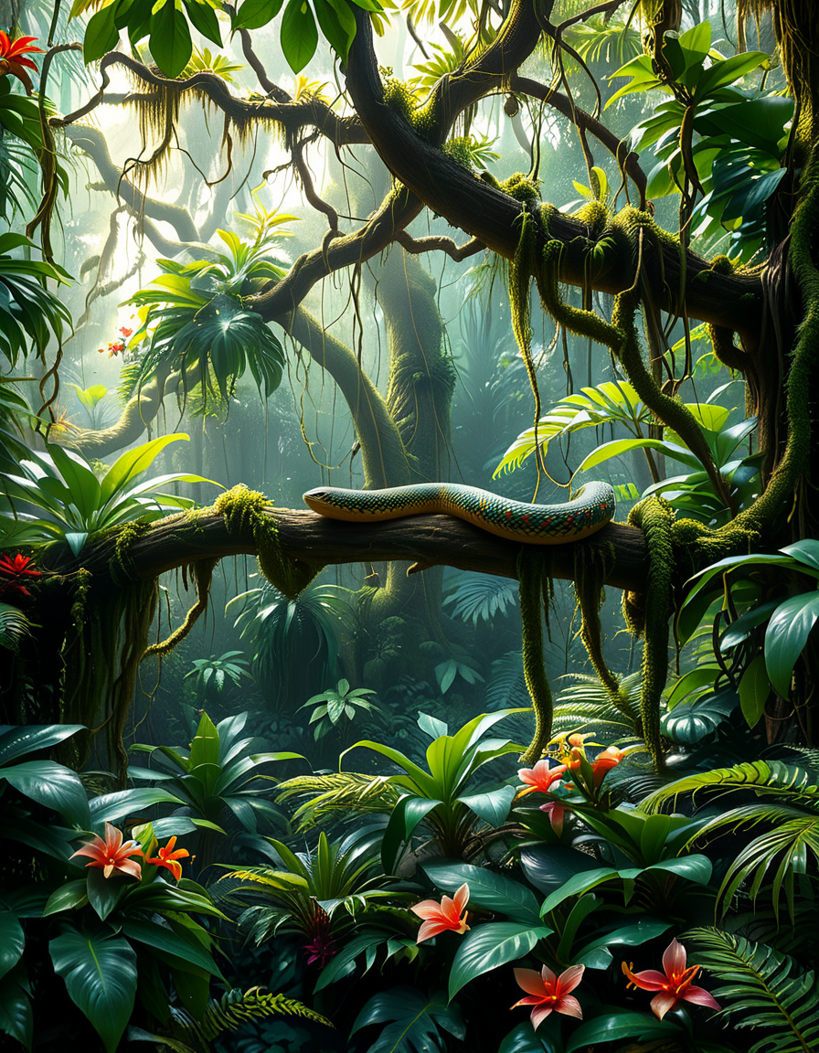 A dense and vibrant jungle,jungl3, captured in a realistic photographic style, with lush green foliage of various tropical plants, tall trees covered in moss and vines, and sunlight filtering softly through the canopy above. The atmosphere feels humid and alive, with small details such as ferns, orchids, and a scattering of tropical flowers in shades of red, yellow, and purple. A narrow, winding dirt path cuts through the undergrowth, partially hidden by fallen leaves and roots. The scene feels immersive and serene, with subtle mist lingering in the distance, enhancing the sense of depth and mystery. The overall lighting is natural, with dappled sunlight creating dynamic shadows on the ground and the surrounding plants.
<lora:jungl3:1><lora:SDXLFaeTastic2400:0.4> <lora:extremely_detailed:0.4> extremely detailed, Masterpiece,best quality,hi res,8k,hi res,8k,award winning,(sharp focus, intricate, highly detailed),