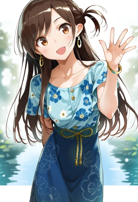 score_9, score_8_up, score_7_up, score_6_up,
by miyajima reiji, mizuhara chizuru, 1girl, solo, long hair, brown hair, open mouth, jewelry, smile, skirt, head tilt, looking at viewer, earrings, collarbone, :d, bracelet, blue skirt, arm behind back, waving, one side up, blush, shirt, floral print, brown eyes, standing, short sleeves, leaning forward,
masterpiece, best quality
<lora:kanojookarisimasu_v10:1>