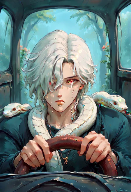 Cutesexyrobutts,ironliliart,fiz-rot,power crashes kobeni's car (meme), car interior, holding, steering wheel, look at viewer, crying with wide eyes open, nervous sweating, from front,A man with a snake on his shoulders trying to escape, car,in a car, , human:1.2, (sn4k3, snake, snake on shoulders, upper body, FntsyPstlCE style), front_view, scaleless snake:1.6, white coloured snake:1.2, red eyes on snake, a giant wheel of fortune background:1.2, wheel with chances of getting hit written in it:1.2, wheel:1.5, city background