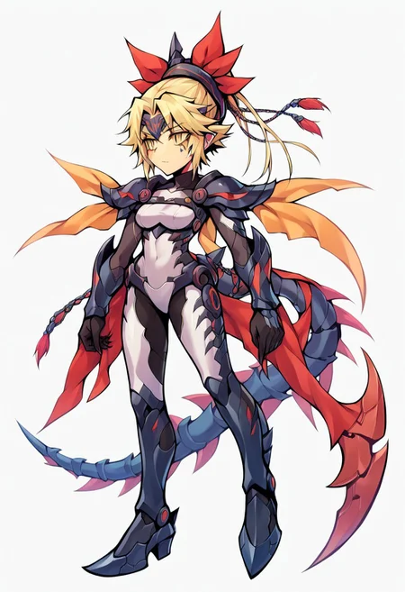 score_9,score_8_up,score_7_up,score_6_up, dinomorphia_kentregina, reptile girl, blonde hair, short hair, ponytail, hair ornament, facial mark, multi colored hair, yellow eyes, slit pupils, bodysuit, mechanical tail, armor, arm blade, operaomniastyle, full body, white background, zPDXL3,