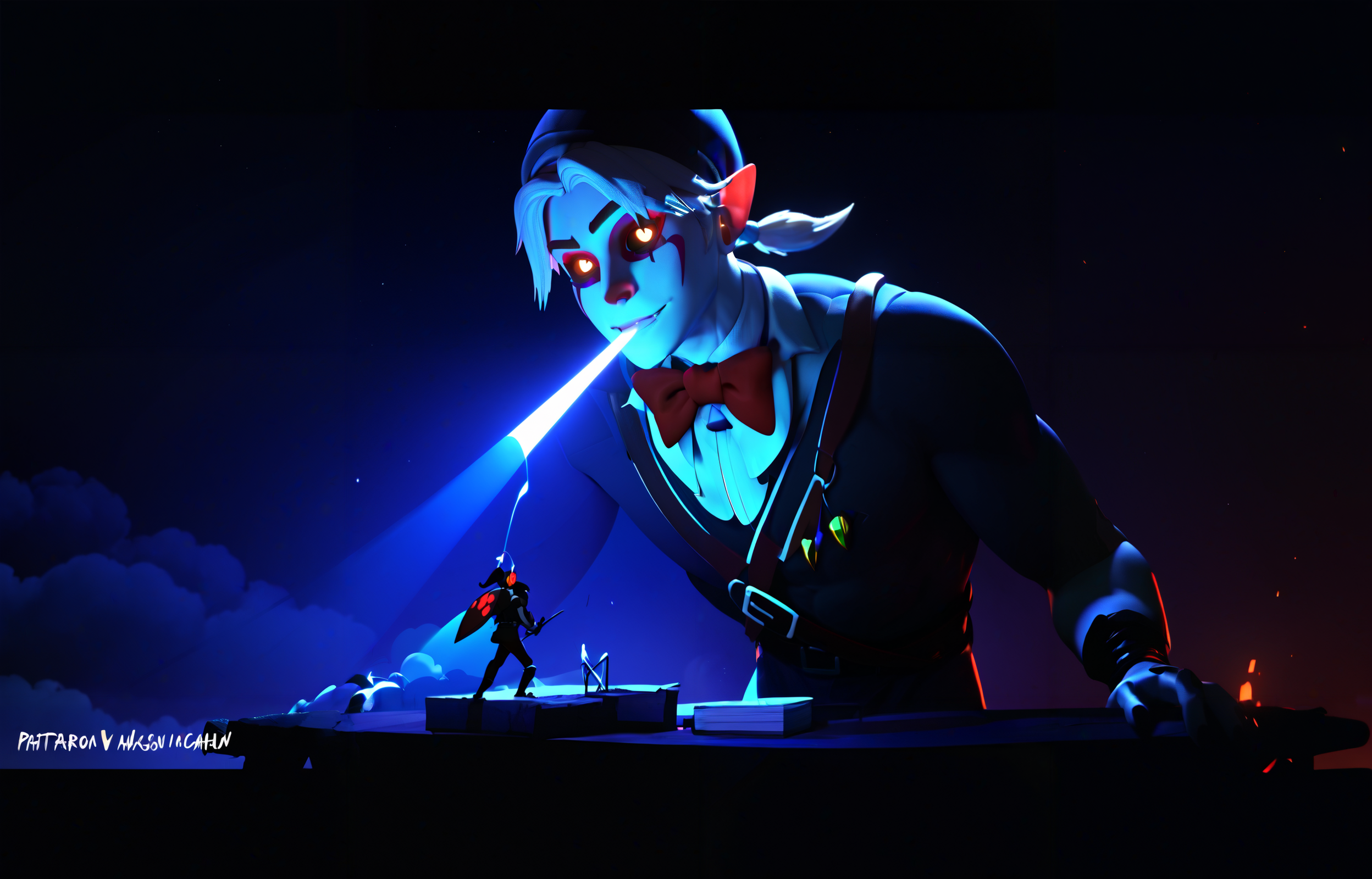 score_9, score_8_up, score_7_up, score_6_up, 8k, best quality, masterpiece, (ultra-detailed:1.1), good background, 
[<lora:TheUltimateShowdown-pony-Tanger-000005:0.8>::0.75], 
The ultimate showdown, player faces the boss, cg, 1boy, hat, night, link, an image of a creepy clown in a dark room, there is a creepy clown in a movie,
