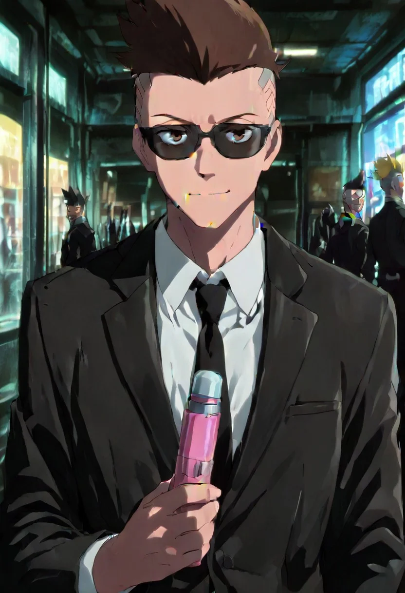 masterpiece, 4k, best quality, sharp aliasing, highly detailed, intricately detailed illustration, anime screencap, source_anime, 1boy, male, 1male, solo, edgerunner, brown eyes, brown hair, mohawk BREAK holds a neuralyzer, wears a black suit and tie, sunglasses, looking by at viewer, black tie, men in black movie, men in black, standing, si-fi corridor, smiling, closed mouth, aliens