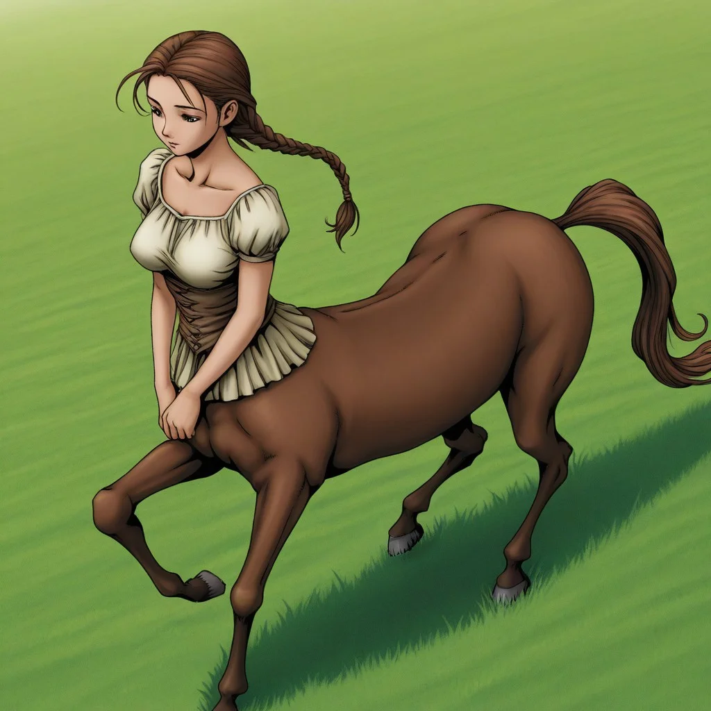 masterpiece, best quality,
1girl, solo,
brown hair, long hair, braid,
breasts,
centaur,
grass field
