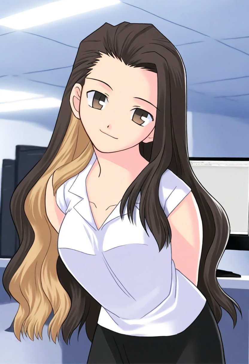 masterpiece, best quality, <lora:Tsukihime NXL:1>,solo,masterpiece, best quality, 
1girl, female focus, large breasts,  solo, brown eyes, brown hair, dark brown hair, black hair, blonde streaks in hair, multi-colored hair, long hair,wavy hair, hair part, side part, hair slicked back, small mouth, short nose, small nose, cute face, 
indoor, office, head tilt, hands behind back, leaning forward, quarter view,  innocent smile, 
computer,