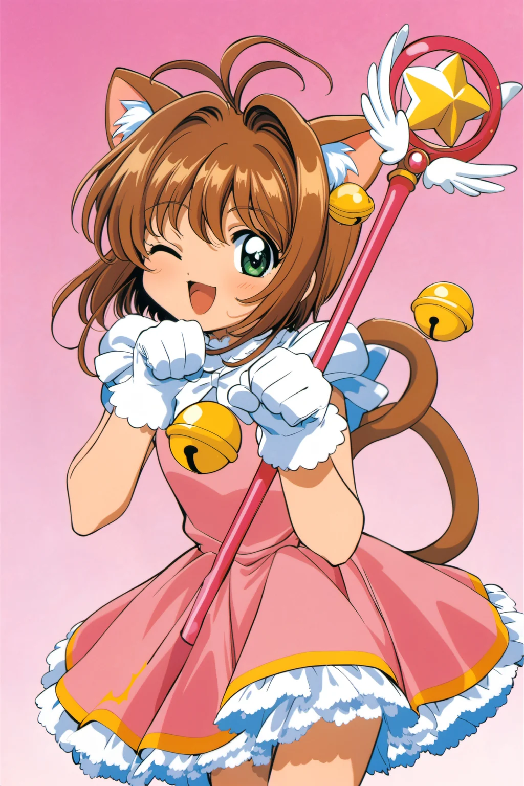 1girl, kinomoto sakura, animal ears, one eye closed, cat ears, solo, tail, brown hair, bell, green eyescat tail, magical girl, dress, paw pose, short hair, smile, open mouth, 1990s (style), retro artstyle, ;d, jingle bell, wand, looking at viewer, pink dress, antenna hair,<lora:Card Captor Sakura Anime_XL:0.8>