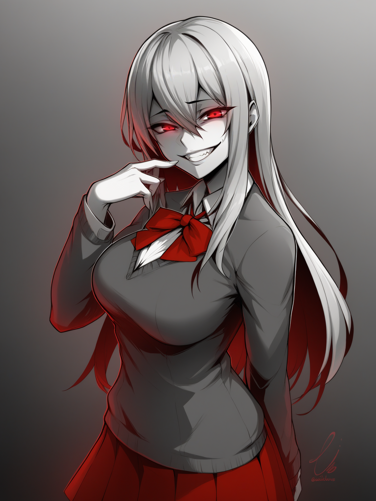 uncensored, score 9 up, score 8 up,
 <lora:Ediblue_Artist_Style_PonyXL:1>,gesugao, spot color, long hair, evil smile, red eyes, long sleeves, hair between eyes, school uniform, sidelocks, teeth, large breasts, 1girl, standing, looking at viewer,