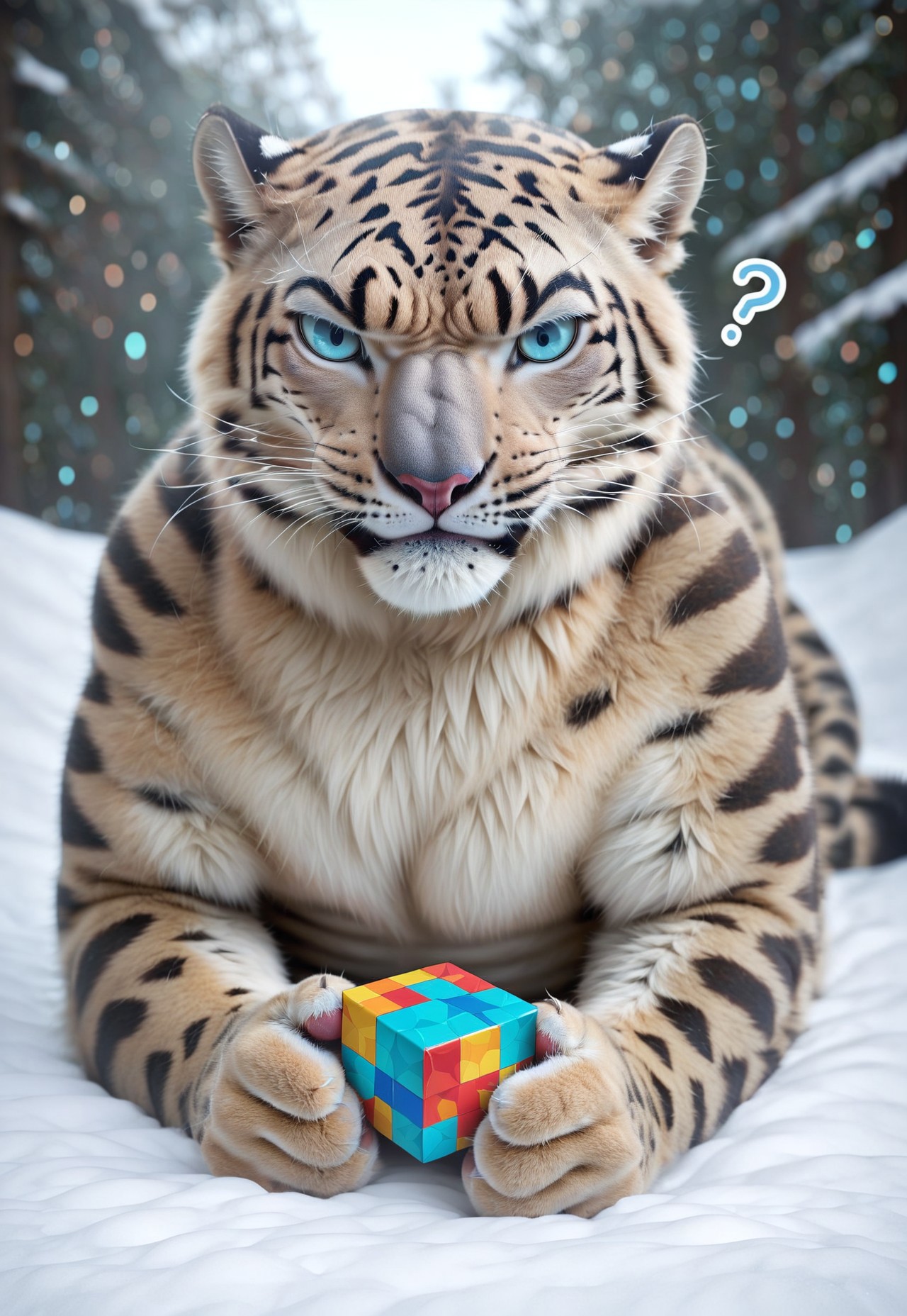 score_9, score_8_up, score_7_up, score_6_up, score_5_up, score_4_up, source_anime, no humans, hud_sn0w_le0pard, solo, tiger, cat, blue eyes, whiskers, outdoors, lying, on stomach, looking down, snow, holding, holding rubik's cube, shrugging, confused, angry, question mark. 35mm photograph, film, bokeh, professional, 4k, highly detailed, clenched hands, frustrated, anger vein