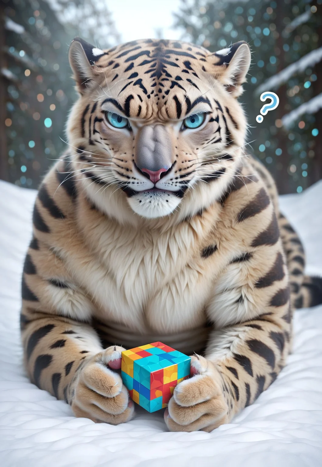 score_9, score_8_up, score_7_up, score_6_up, score_5_up, score_4_up, source_anime, no humans, hud_sn0w_le0pard, solo, tiger, cat, blue eyes, whiskers, outdoors, lying, on stomach, looking down, snow, holding, holding rubik's cube, shrugging, confused, angry, question mark. 35mm photograph, film, bokeh, professional, 4k, highly detailed, clenched hands, frustrated, anger vein