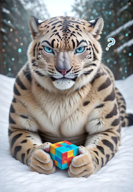 score_9, score_8_up, score_7_up, score_6_up, score_5_up, score_4_up, source_anime, no humans, hud_sn0w_le0pard, solo, tiger, cat, blue eyes, whiskers, outdoors, lying, on stomach, looking down, snow, holding, holding rubik's cube, shrugging, confused, angry, question mark. 35mm photograph, film, bokeh, professional, 4k, highly detailed, clenched hands, frustrated, anger vein