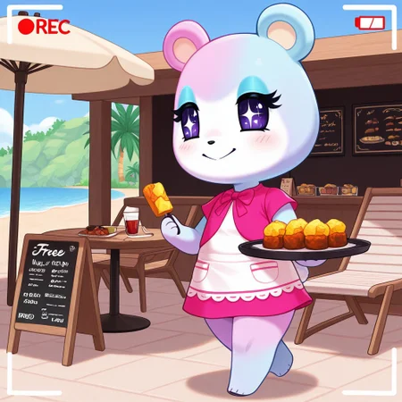 best quality, masterpiece, Full Body, Romantic, Small, Body, Furry, judyac, animal crossing, 1girl, solo, furry, bear, two-tone fur, light pink fur, light blue fur, white muzzle, purple eyes, star pupil, blush, blue eyeshadow, pink dress, beach, restaurants, serving food, carry tray, walking, outside lobby, board walk, beach chair, beach table, umbrella, recording, sign of buzz, sign said buzz food menu, sign writing say buzz, smile, holding a sign, sign said " free_buzz_food"