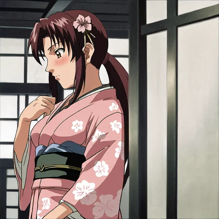 <lora:Rexy_pony_v1:.9>Rexy, 1girl, revy (black lagoon), anime coloring,  brown hair, ponytail,  brown eyes, long hair, breasts, cowboy shot,, japanese clothes, kimono, hair ornament, blush, hair flower, pink kimono, sash, obi, floral print, wide sleeves