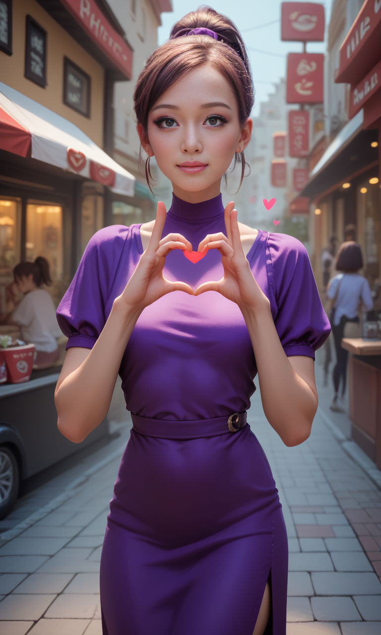 score_9, score_8_up, score_7_up, score_6_up, score_5_up, score_4_up,  slim girl in a street cafe ,  fiheartcl,  making heart with hands, purple short dress  , a blond ponytail    <lora:FingerHeartPony:.8>
