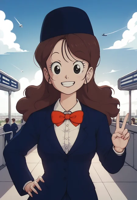 score_9, score_8_up, score_7_up, score_6_up, <lora:DBExtraGirl03FFA:0.9>, DBExtraGirl03FFA, brown hair, long hair, black eyes, breasts,
attendant hat, blue jacket, white collared shirt, red bowtie, skirt, suit,
hand on own hip, looking at viewer, pov, facing viewer, v sign, smile, 
BREAK airport, day, blue sky, sunlight,