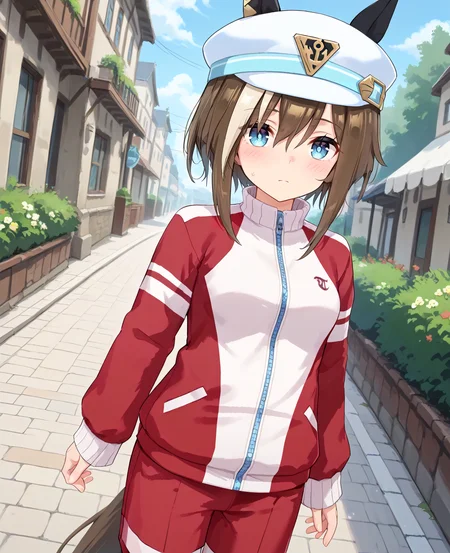 score_9, score_8_up, score_7_up, 1girl, (looking at viewer:1.2), (closed mouth:0.6), expressionless,, nose blush, ,
(Walking with a spring in the step, as if in a sunny day:1.2),, (dutch angle:1.2),
<lora:pony_cheval_grand_v1.06:0.8>, horse ears, horse tail, black ear covers, cheval grand \(umamusume\), embarrassed, medium small breasts, captain hat, short hair,
<lora:_sdxl-um-tracenjersey-pony:0.6>, red jacket, track jacket, sleeves past wrists, tracenjerseypants, red short pants,,