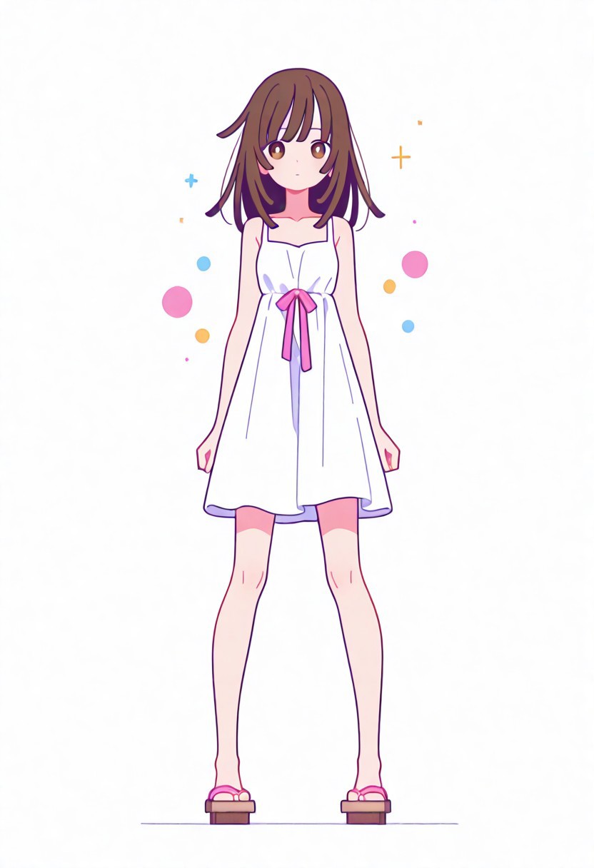 Flatline, Flat vector illustration, looking at viewer, full_body, 
nadeko, long hair, long bangs, brown hair, white dress, sundress, ribbon, bare shoulders,
slim, slender, knees, long legs, beautiful legs, barefoot, geta wooden sandals, 
from front, front view, straight-on, look at viewer, standing, (legs apart:1.4), 
white background,
