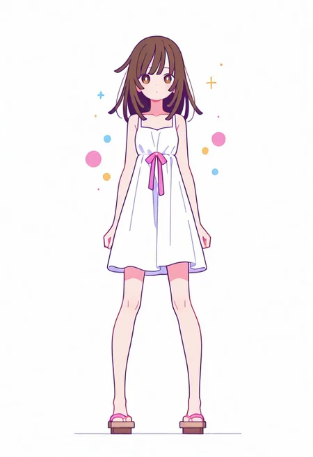Flatline, Flat vector illustration, looking at viewer, full_body, 
nadeko, long hair, long bangs, brown hair, white dress, sundress, ribbon, bare shoulders,
slim, slender, knees, long legs, beautiful legs, barefoot, geta wooden sandals, 
from front, front view, straight-on, look at viewer, standing, (legs apart:1.4), 
white background,