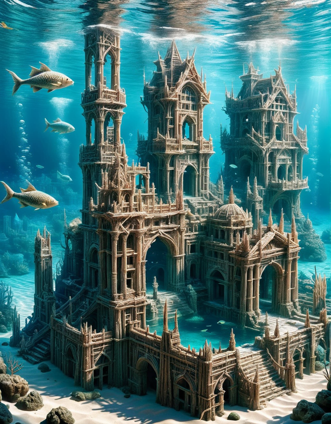 An ais-stcks underwater Atlantis, with intricate buildings, merpeople swimming among coral reefs, and schools of fish darting through the ruins <lora:ais-stcks-sdxl:1>