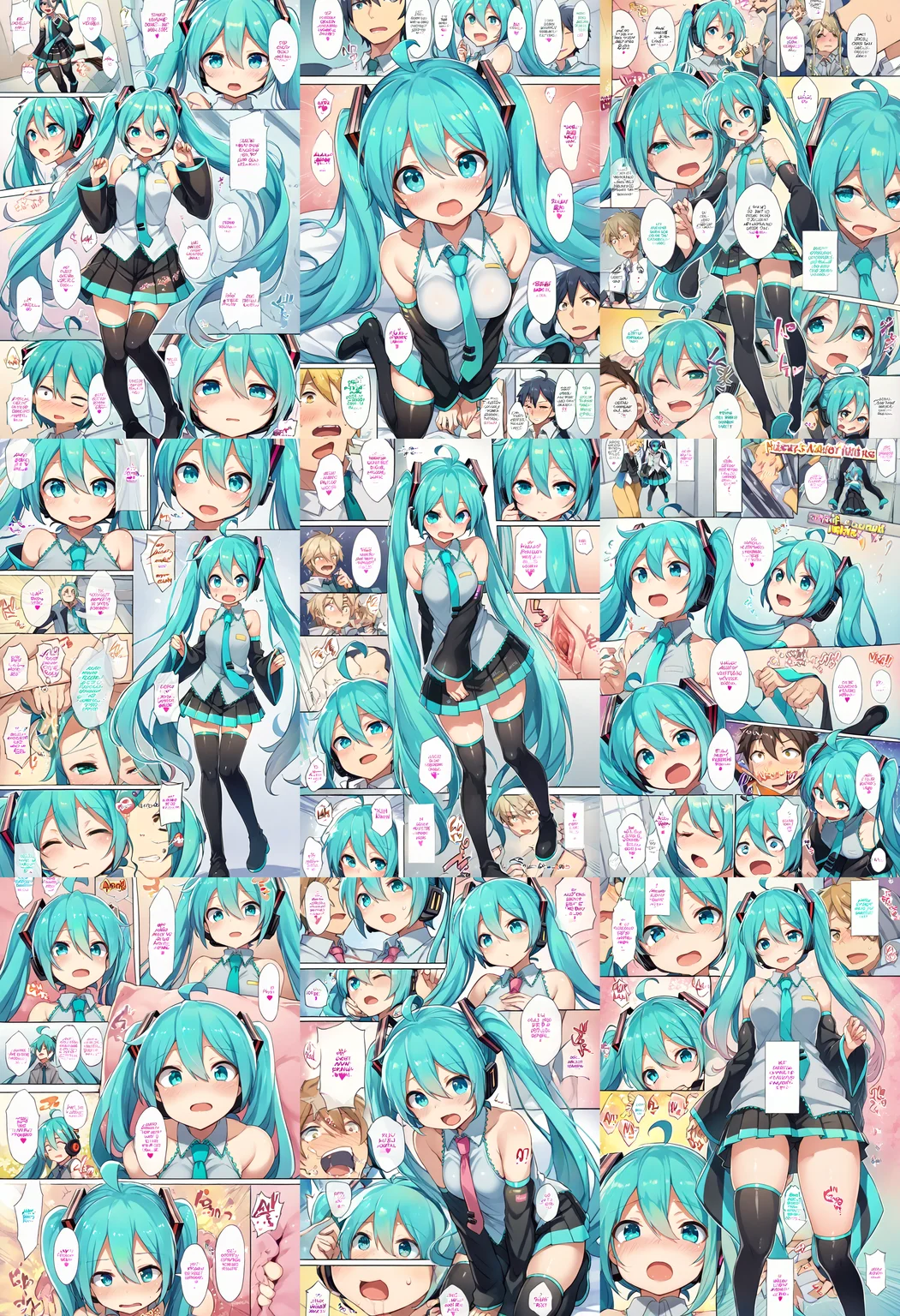 (nsfw:1), (Uncensored:1),
score_9, score_8_up, score_7_up, source_anime, BREAK
<lora:FComic1To3Page_Pony_V1:0.9>comic,Multi view, Frame, Text, speech bubble, frame, heart, trembling, focus line, vibrating line, comic expression, Sound effect,
1girl, solo focus,
(full body:1.3), (cowboy shot),
(1page)
blush, open mouth,
mikuhatsune, <lora:miku-hatsune-ponyxl-lora-nochekaiser:0.8>,
miku hatsune, ahoge, aqua eyes, aqua hair, crossed bangs, hair between eyes, hair ornament, headphones, long hair, twintails, mature female,
aqua necktie, black footwear, black skirt, black sleeves, boots, collared shirt, detached sleeves, grey shirt, necktie, pleated skirt, shirt, skirt, sleeveless, sleeveless shirt, thigh boots, tie clip,
<lora:FComic1To3Page_Pony_V1:1>