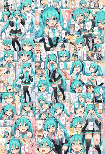 (nsfw:1), (Uncensored:1),
score_9, score_8_up, score_7_up, source_anime, BREAK
<lora:FComic1To3Page_Pony_V1:0.9>comic,Multi view, Frame, Text, speech bubble, frame, heart, trembling, focus line, vibrating line, comic expression, Sound effect,
1girl, solo focus, 
(full body:1.3), (cowboy shot),
(1page)
blush, open mouth,
mikuhatsune, <lora:miku-hatsune-ponyxl-lora-nochekaiser:0.8>,
miku hatsune, ahoge, aqua eyes, aqua hair, crossed bangs, hair between eyes, hair ornament, headphones, long hair, twintails, mature female,
aqua necktie, black footwear, black skirt, black sleeves, boots, collared shirt, detached sleeves, grey shirt, necktie, pleated skirt, shirt, skirt, sleeveless, sleeveless shirt, thigh boots, tie clip,
<lora:FComic1To3Page_Pony_V1:1>