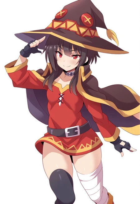 ((score_9, score_8, score_7)), source_anime, (highly detailed), simple background, smile, Konno Tohiro style, Konno Tohiro style, megumin, short hair, black hair, red eyes, short hair with long locks,, thighhighs, gloves, hat, dress, black gloves, belt, black thighhighs, fingerless gloves, cape, collar, witch hat, bandages, red dress, single thighhigh, asymmetrical legwear, bandaged leg, dynamic pose,