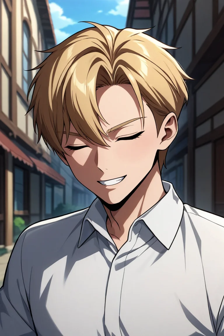 score_9, score_8_up, score_7_up,score_6_up,score_5_up,score_4_up,source_anime,BREAK, rating_safe, intricate details , , , anime screencap, anime coloring, official style, depth of field,1boy, solo, male focus , , , <lora:ed:0.80>,ed rothstaylor,blonde hair,light blue eyes,short hair,side swept,hair between eyes,smile,shirt, white shirt, upper body, closed eyes, teeth, collared shirt, indoors, grin, ^ ^, facing viewer,outdoors,town,day , , , <lora:sdxl_lightning_8step_lora_315544:1>
