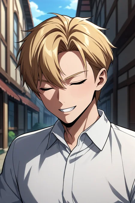 score_9, score_8_up, score_7_up,score_6_up,score_5_up,score_4_up,source_anime,BREAK, rating_safe, intricate details , , , anime screencap, anime coloring, official style, depth of field,1boy, solo, male focus , , , <lora:ed:0.80>,ed rothstaylor,blonde hair,light blue eyes,short hair,side swept,hair between eyes,smile,shirt, white shirt, upper body, closed eyes, teeth, collared shirt, indoors, grin, ^ ^, facing viewer,outdoors,town,day , , , <lora:sdxl_lightning_8step_lora_315544:1>
