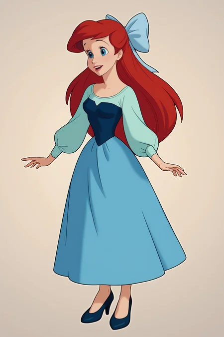score_9, score_8_up, score_7_up, score_6_up, score_5_up, score_4_up, BREAK, <lora:Ariel_2-000006:1>, 1girl, Ariel, red hair, blue eyes, blue dress, blue outfit, blue hair bow, long sleeves, full body