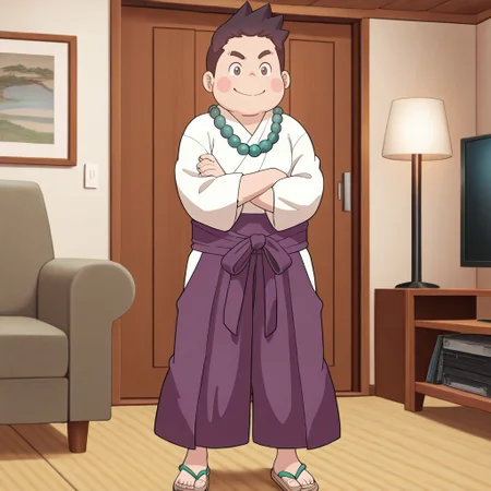 masterpiece, best quality, amazing quality, ak1n0r1, male, solo, human, young, brown hair, short hair, spiked hair, brown eyes, blush stickers, chubby, white kosode, green beaded necklace, purple hakama, zori sandals, standing, smile, crossed arms, indoors, living room