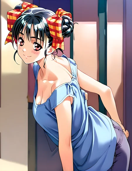 <lora:pony_xl_narusawa:0.8>,narusawa,score_9,score_8_up,score_7_up,source_anime,1girl,solo,looking_at_viewer,looking in love,upper eyes,smile,:d,blush,bent_over,arms_behind_back,cowboy_shot,casual,