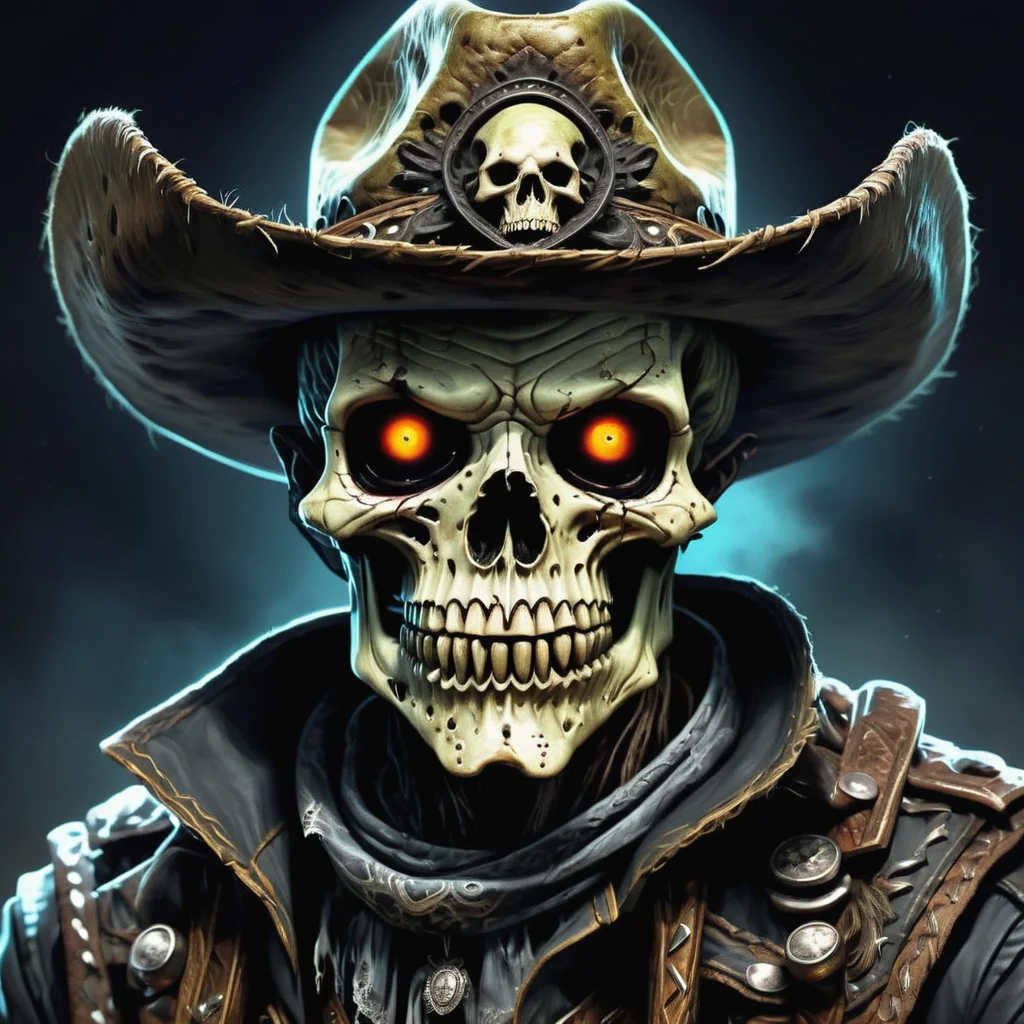 ((realistic,digital art)), (hyper detailed),h4l0w3n5l0w5tyl3DonMD4rk Cowboy, Spellbinding, Mummy Dogs, Ghoulish Glow, Creepy Smirk,, <lora:h4l0w3n5l0w5tyl3DonMD4rk-XLv1.1:1>
