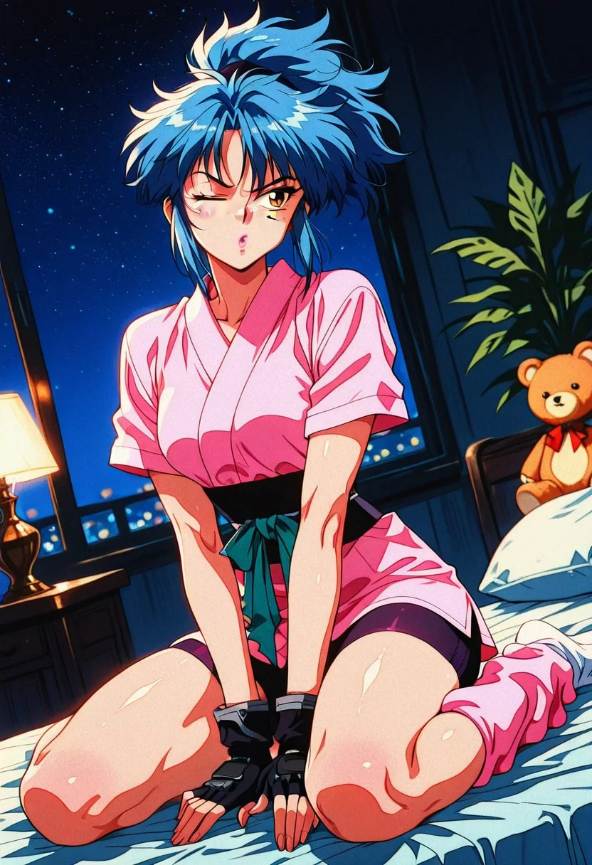 MachiKomacineHxH, 1girl, solo, messy hair, blue hair, ponytail, bangs, brown eyes, lips, japanese clothes, kunoichi, short kimono, pink kimono, large breast, green sash, black obi, short sleeves, black gloves, fingerless gloves, thick thighs, black shorts, bike shorts, pink leg warmers, white socks,
,seductive pose, sexy pose, tease,
masterpiece, best quality, fine details, intricate details, depth of field, subsurface scattering, bokeh,
ultra-detailed, very aesthetic, detailed background, newest, scenery, highres, absurdres, colorful, vibrant, glowing, perfect face, 2d, perfect eyes, vibrant saturated colors, volumetric lighting, sharp, detailed eyes, perfect anatomy, perfect face, perfect eyes, mature body, clear eyes, beautiful eyes, athletic, curvy body, athletic girl, perky tits, perfect tits, round breasts, pinup pose, teasing, lustful expression, perfect hands,
muscular female, dutch angle,
bedroom, bedroom decor, indoors, window, dimmed light, lamp, potted plant, detailed background, night, night sky, night time, starry sky, sitting on bed, wariza, looking at viewer, holding stuffed toy, stuffed bear, pouting, open mouth, pointing index finger at viewer, one eye closed, facing to side, side eye,
,Smooth Negative, Smooth_Quality,
90s_anime_aesthetic, 1990s (style), retro, retro artstyle,retro_artstyle, retro, cyberpunk