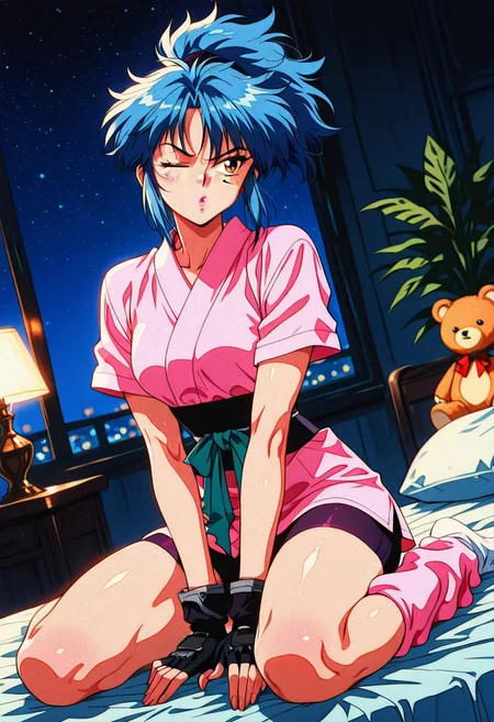 MachiKomacineHxH, 1girl, solo, messy hair, blue hair, ponytail, bangs, brown eyes, lips, japanese clothes, kunoichi, short kimono, pink kimono, large breast, green sash, black obi, short sleeves, black gloves, fingerless gloves, thick thighs, black shorts, bike shorts, pink leg warmers, white socks,
,seductive pose, sexy pose, tease,
masterpiece, best quality, fine details, intricate details, depth of field, subsurface scattering, bokeh,
ultra-detailed, very aesthetic, detailed background, newest, scenery, highres, absurdres, colorful, vibrant, glowing, perfect face, 2d, perfect eyes, vibrant saturated colors, volumetric lighting, sharp, detailed eyes, perfect anatomy, perfect face, perfect eyes, mature body, clear eyes, beautiful eyes, athletic, curvy body, athletic girl, perky tits, perfect tits, round breasts, pinup pose, teasing, lustful expression, perfect hands,
muscular female, dutch angle,
bedroom, bedroom decor, indoors, window, dimmed light, lamp, potted plant, detailed background, night, night sky, night time, starry sky, sitting on bed, wariza, looking at viewer, holding stuffed toy, stuffed bear, pouting, open mouth, pointing index finger at viewer, one eye closed, facing to side, side eye,
,Smooth Negative, Smooth_Quality,
90s_anime_aesthetic, 1990s (style), retro, retro artstyle,retro_artstyle, retro, cyberpunk