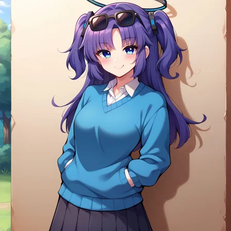 score_9, score_8_up, score_7_up, source_anime, detailed background, cowboy shot, skindentation, 1girl, solo, yuuka, blue eyes, halo, purple hair, two side up, long hair, naughty face, long eyelashes, thin eyes, sharp eye shape, uneven eyes, glossy skin, happy, smug, quivering lip. closed mouth, outdoors, dark forest, single tree, school yard, arm in sweater pocket, back against wall, on one foot, cool female, standing, eyewear on head,school uniform,skirt,blue sweater vest,ribbon, black ear piercing, heavy blush, youthful face, bishoujo face, beautiful detailed girl, ultra-detailed hair, very cute female,
