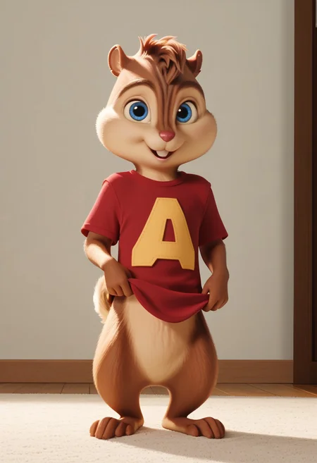 Score_9, score_8_up, score_7_up, source_furry, Alvin Seville, chipmunk, chipmunk male, furry male, furry, long tail, 3d, render, movie screencap, blue eyes, lift red t-shirt , barefoot, painted walls, carpet, looking at viewer, <lora:Alvin _Seville __Alvin_and_the_Chipmunks__CG_Movie_version:0.8>