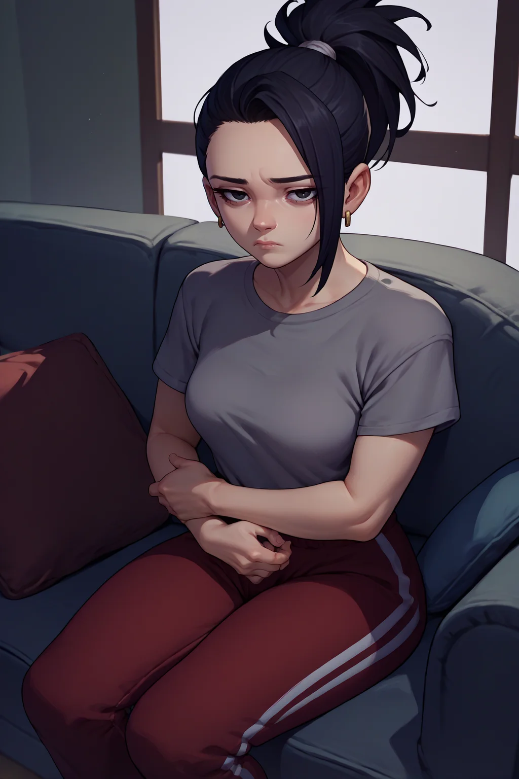 score_9, score_8_up, score_7_up, score_6_up, source_anime, 1girl, solo, <lora:kale-pdxl-nvwls-v1-000007:1> defKal, black hair, black eyes, ponytail, earrings, grey t-shirt, medium breasts, red track pants, sitting, couch, looking at you, tired