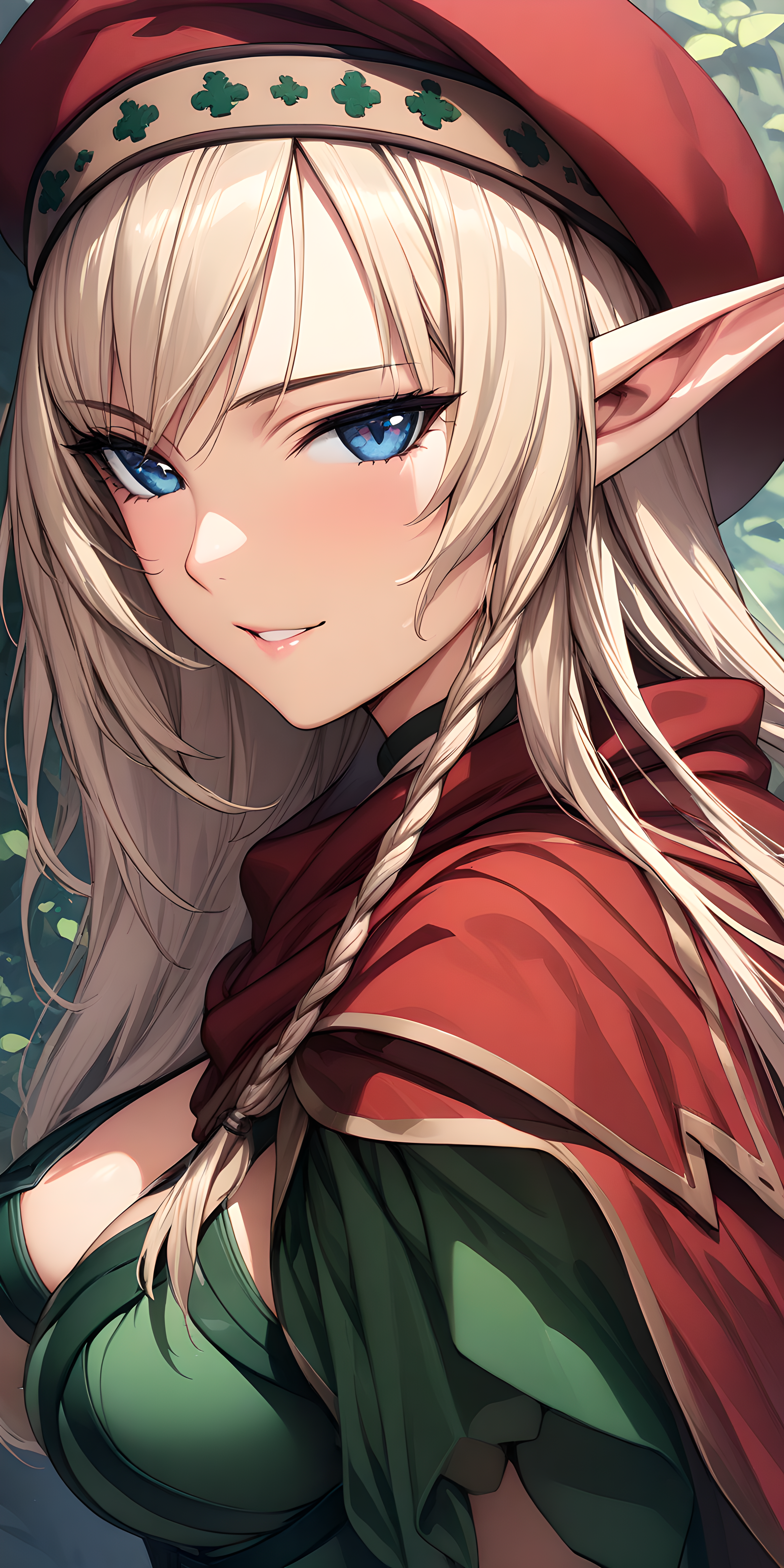 (masterpiece),(best quality),(ultra-detailed),(best illustration),(best shadow),(absurdres),(detailed background),(very aesthetic), alleyne, 1girl, elf, solo, pointy ears, blue eyes, hat, beret, braid, blonde hair, breasts, long hair, side braid, cape, looking at viewer, seductive smile, very close-up, portrait, <lora:Alleyne:1>