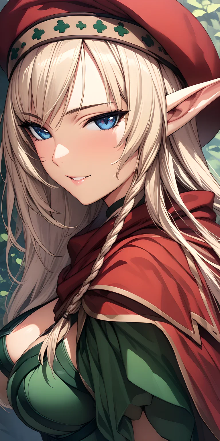 (masterpiece),(best quality),(ultra-detailed),(best illustration),(best shadow),(absurdres),(detailed background),(very aesthetic), alleyne, 1girl, elf, solo, pointy ears, blue eyes, hat, beret, braid, blonde hair, breasts, long hair, side braid, cape, looking at viewer, seductive smile, very close-up, portrait, <lora:Alleyne:1>