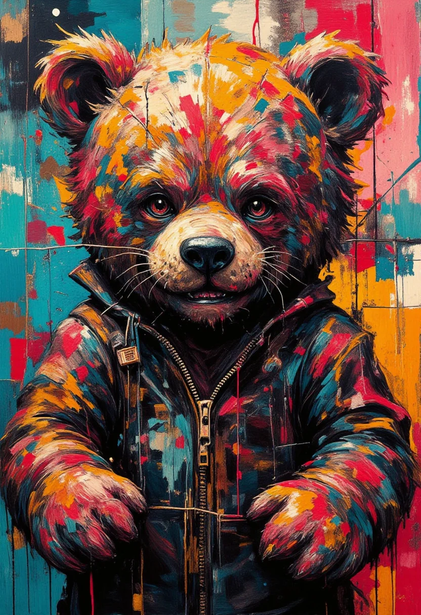 (DxDRG:1.13),, intricate line work only, a large teddy bear, with an intricate digital glitch effect, with bright colors, sharp detailed focus,(glitch:0.777) and (cyberpunk:0.777), saturated with an overlay dirt textured, abstract surreal. with geometric abstract shapes on the background. The painting features dark tones, high contrast, clean lines, high resolution, and high brush detail.
<lora:MixedMedia:1.01>
<lora:Vintage comic book:0.777>
<lora:flux.1_lora_ink-dynamic:1>